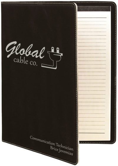9 1/2" x 12" Black/Silver Laserable Leatherette Portfolio with Notepad