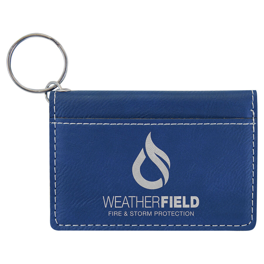 4 1/4" x 3" Blue/Silver Laserable Leatherette Keychain ID Holder